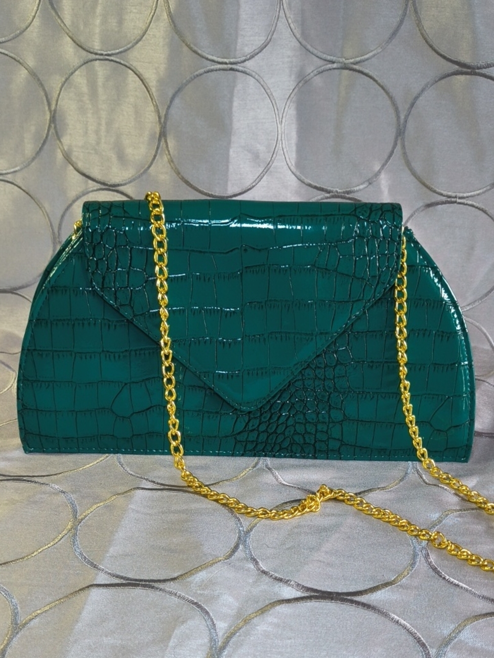 Joy & Iman Faux Alligator Print Evening Purse Emerald Green Chain Crossbody SS2
